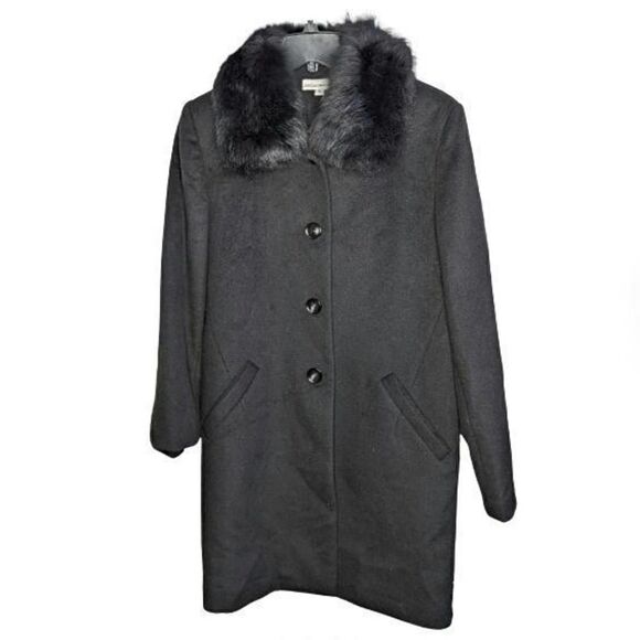 Sofia Cashmere Jacket Pea Coat Black Wool Blend Shearling Trim Size 6 - Picture 1 of 6